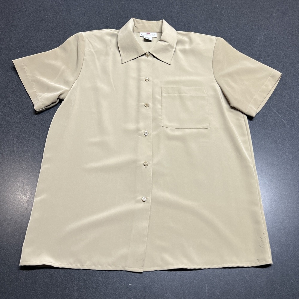 Vintage Courtenay Button Up Blouse Women's Medium Tan Short Sleeve Retro